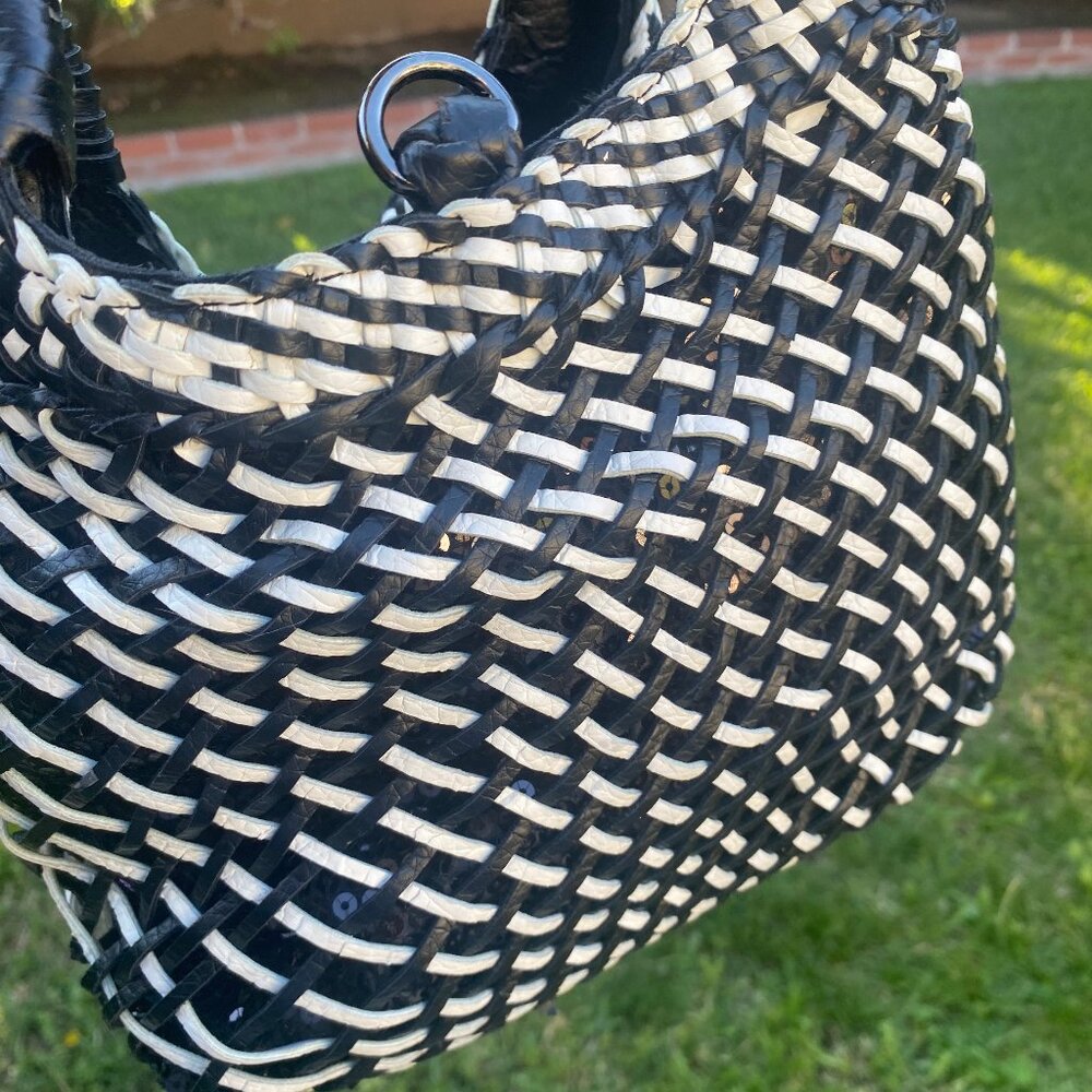 Black and White Woven Faux Leather Handbag - Picture 10 of 15